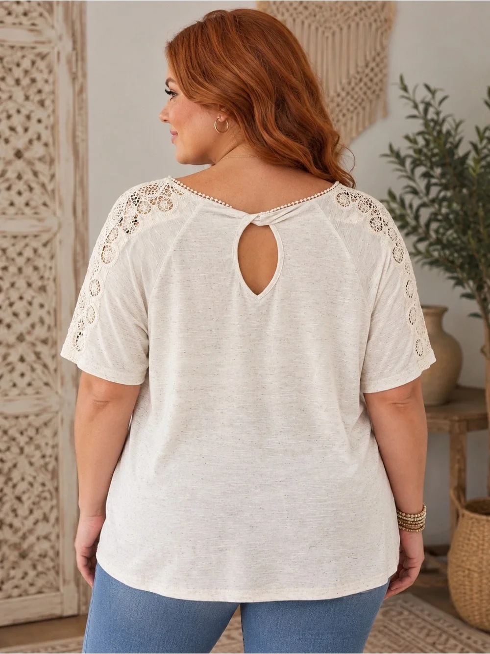 Democracy Cream Short-Sleeve Crochet Shoulder Top Size XL